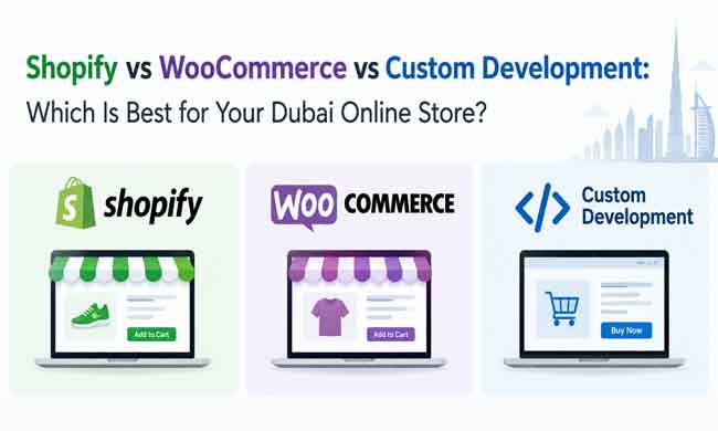 Shopify vs WooCommerce vs custom development comparison for Dubai online stores by HubSol